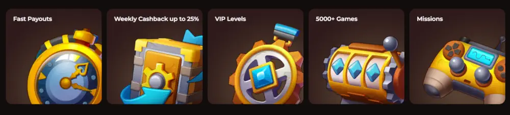 Wyróżnienia platformy Vinci Spin, w tym szybkie wypłaty, cotygodniowy cashback i poziomy VIP